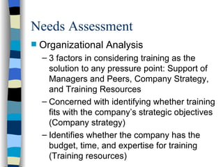 Needs Assessment Organizational Analysis 3 factors in considering training as the solution to any pressure point: Support of Managers and Peers, Company Strategy, and Training Resources Concerned with identifying whether training fits with the company’s strategic objectives (Company strategy) Identifies whether the company has the budget, time, and expertise for training (Training resources) 