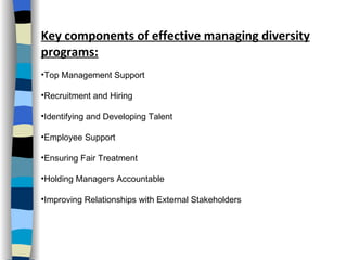 Key components of effective managing diversity programs: Top Management Support Recruitment and Hiring Identifying and Developing Talent Employee Support Ensuring Fair Treatment Holding Managers Accountable Improving Relationships with External Stakeholders 