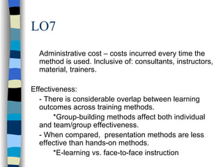 LO7 Administrative cost – costs incurred every time the method is used. Inclusive of: consultants, instructors, material, trainers. Effectiveness: - There is considerable overlap between learning outcomes across training methods. *Group-building methods affect both individual and team/group effectiveness. - When compared,  presentation methods are less effective than hands-on methods. *E-learning vs. face-to-face instruction 