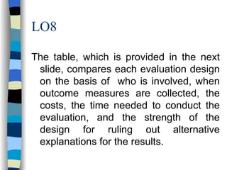 LO8 The table, which is provided in the next slide, compares each evaluation design on the basis of  who is involved, when outcome measures are collected, the costs, the time needed to conduct the evaluation, and the strength of the design for ruling out alternative explanations for the results. 