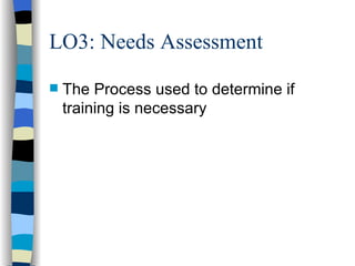 LO3: Needs Assessment The Process used to determine if training is necessary 