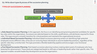 Copyright © 2023 Jayanti Rajdevendra Pande. All rights reserved.
Q7.Write about types & process of the succession planning.
TYPES OF SUCCESSION PLANNING
1.Role-Based Succession Planning: In this approach, the focus is on identifying and grooming potential candidates for specific
key roles within the organization. Successors are selected based on the skills, qualifications, and attributes required for those
roles.This type ensures a smooth transition for critical positions and maintains the organizational structure.
2.Individual-Based Succession Planning: Individual-based succession planning centers on identifying high-potential
employees across different roles. It focuses on nurturing these individuals to assume leadership positions, regardless of the
specific roles they currently hold.This type promotes a flexible leadership pipeline and encourages cross-functional
development.
3.Pool-Based Succession Planning: Pool-based succession planning involves creating talent pools of employees who have
potential for advancement.These pools are categorized based on skill sets or leadership levels rather than specific roles.This
approach enables versatile leadership development across the organization.
SUCCESSION PLANNING TYPES
1 Role-Based 2 Individual-Based
3 Pool-Based
 