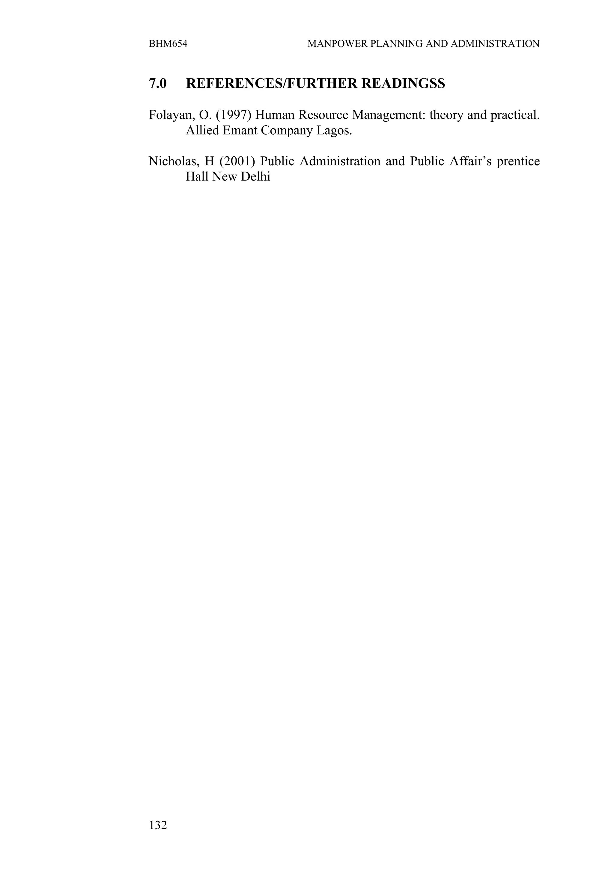 BHM654                      MANPOWER PLANNING AND ADMINISTRATION


7.0   REFERENCES/FURTHER READINGSS

Folayan, O. (1997) Human Resource Management: theory and practical.
      Allied Emant Company Lagos.

Nicholas, H (2001) Public Administration and Public Affair’s prentice
      Hall New Delhi




132
 