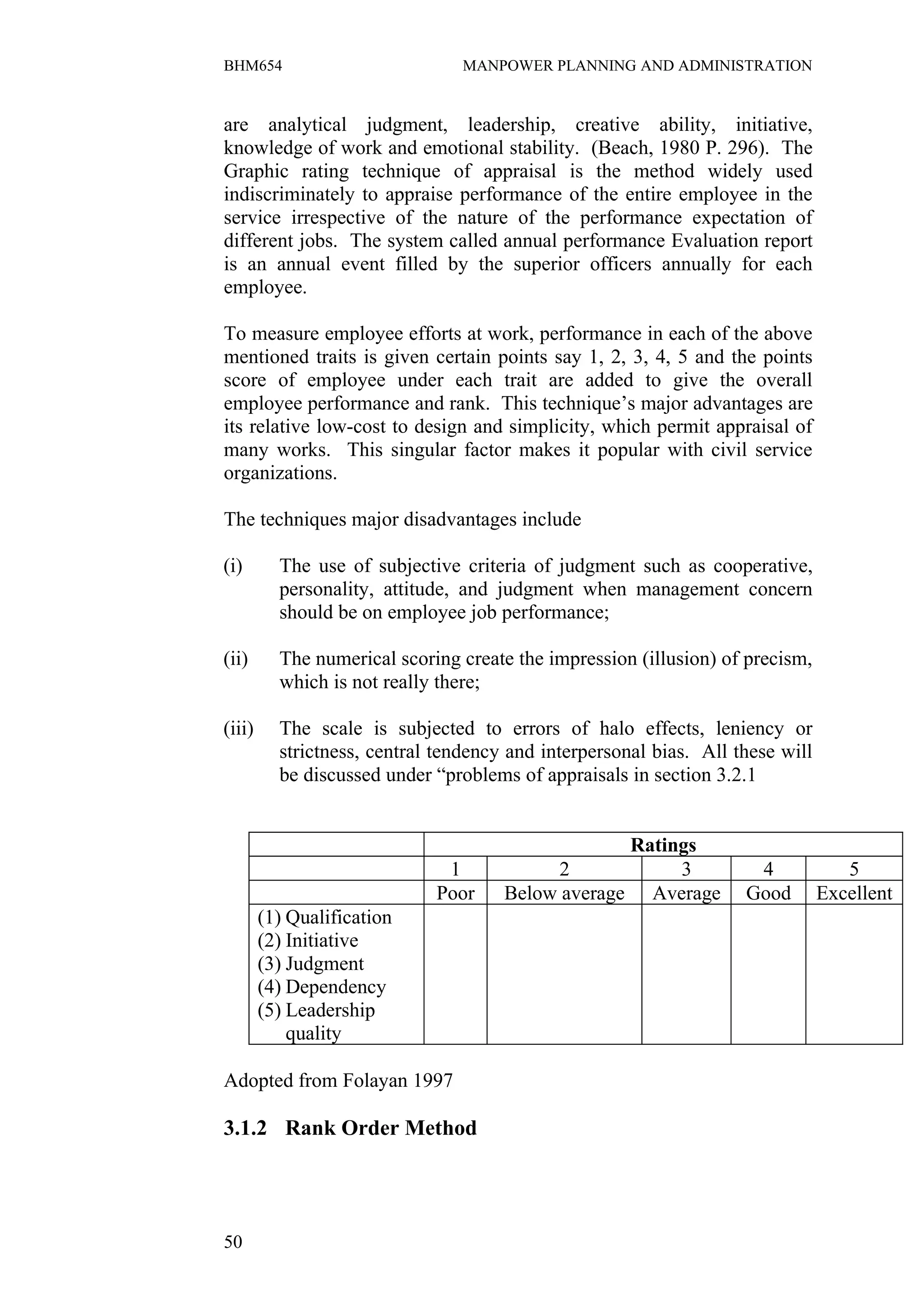 BHM654                           MANPOWER PLANNING AND ADMINISTRATION


are analytical judgment, leadership, creative ability, initiative,
knowledge of work and emotional stability. (Beach, 1980 P. 296). The
Graphic rating technique of appraisal is the method widely used
indiscriminately to appraise performance of the entire employee in the
service irrespective of the nature of the performance expectation of
different jobs. The system called annual performance Evaluation report
is an annual event filled by the superior officers annually for each
employee.

To measure employee efforts at work, performance in each of the above
mentioned traits is given certain points say 1, 2, 3, 4, 5 and the points
score of employee under each trait are added to give the overall
employee performance and rank. This technique’s major advantages are
its relative low-cost to design and simplicity, which permit appraisal of
many works. This singular factor makes it popular with civil service
organizations.

The techniques major disadvantages include

(i)       The use of subjective criteria of judgment such as cooperative,
          personality, attitude, and judgment when management concern
          should be on employee job performance;

(ii)      The numerical scoring create the impression (illusion) of precism,
          which is not really there;

(iii)     The scale is subjected to errors of halo effects, leniency or
          strictness, central tendency and interpersonal bias. All these will
          be discussed under “problems of appraisals in section 3.2.1


                                                      Ratings
                              1             2              3         4             5
                             Poor     Below average     Average     Good        Excellent
        (1) Qualification
        (2) Initiative
        (3) Judgment
        (4) Dependency
        (5) Leadership
            quality

Adopted from Folayan 1997

3.1.2 Rank Order Method




50
 