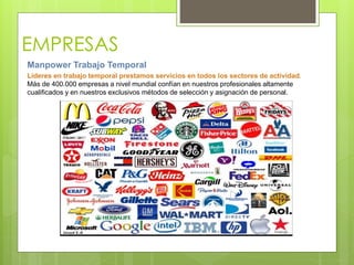 EMPRESAS
Manpower Trabajo Temporal
Líderes en trabajo temporal prestamos servicios en todos los sectores de actividad.
Más de 400.000 empresas a nivel mundial confían en nuestros profesionales altamente
cualificados y en nuestros exclusivos métodos de selección y asignación de personal.
 
