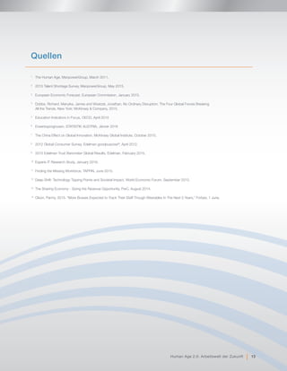 Quellen
1 	
The Human Age, ManpowerGroup, March 2011.
2 	
2015 Talent Shortage Survey, ManpowerGroup, May 2015.
3 	
European Economic Forecast, European Commission, January 2015.
4 	
Dobbs, Richard, Manyika, James and Woetzel, Jonathan. No Ordinary Disruption: The Four Global Forces Breaking
All the Trends. New York: McKinsey & Company, 2015.
5 	
Education Indicators in Focus, OECD, April 2015
6 	
Erwerbsprognosen, STATISTIK AUSTRIA, Jänner 2016
7	
The China Effect on Global Innovation, McKinsey Global Institute, October 2015.
8 	
2012 Global Consumer Survey, Edelman goodpurpose®
, April 2012.
9 	
2015 Edelman Trust Barometer Global Results, Edelman, February 2015.
10 	
Experis IT Research Study, January 2016.
11 	
Finding the Missing Workforce, TAPFIN, June 2015.
12 	
Deep Shift: Technology Tipping Points and Societal Impact, World Economic Forum, September 2015.
13 	
The Sharing Economy - Sizing the Revenue Opportunity, PwC, August 2014.
14 	
Olson, Parmy. 2015. “More Bosses Expected to Track Their Staff Though Wearables In The Next 5 Years,” Forbes, 1 June.
Human Age 2.0: Arbeitswelt der Zukunft | 13
 