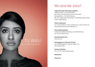 Tageszeitungen Samstag-Ausgaben
Österreichweit: z.B. Der Standard,
Die Presse, Kronenzeitung, Kurier, Österreich
Bundesländer: z.B. Kleine Zeitung,
NÖ, OÖ, Salzburger Nachrichten, Vorarlberger Nachrichten,
Tiroler Tageszeitung
Online Jobbörsen
z.B. www.karriere.at, www.careesma.at, www.monster.at,
www.stepstone.at, www.willhaben.at
Personaldienstleister
Kostenlose Stellenvermittlung und Weiterbildung
z.B. www.manpower.at
Arbeitsmarktservice
www.ams.at
Homepages von Wunsch-Firmen
z.B. Stellenangebote, Tag der offenen Tür,
Schnupperpraxis
Schwarze Bretter
z.B. Uni, FH, Hochschülerschaft
Netzwerke
Vitamin B
Wo sind die Jobs?
Tu was!Tu was!
tU Was!
 