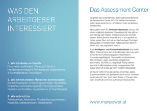 Je größer das Unternehmen, desto wahrscheinlicher ist
ein Assessment Center (AC). Die besten Kandidaten
treten gegeneinander an – in offenem oder verdecktem
Wettbewerb.
Meist gehen dem AC Persönlichkeitstests voraus. Ziel
ist ein möglichst objektives Charakterprofil. Hier gibt es
kein Richtig oder Falsch. Ehrliche Antworten sind die
besten. Wenn jemand etwa still und in sich gekehrt ist,
hat es keinen Sinn, sich als kontaktfreudigen Partytiger
darzustellen. Im schlimmsten Fall landet man damit in
einem Job, der unglücklich macht.
Auch Intelligenz- und Konzentrationstests sind heiße
Tipps. Entsprechend den Anforderungen des Jobs wird
sprachliches (Auffassungsgabe, Interpretation,
Formulierungsfähigkeit, Grammatik), rechnerisches
(Rechentests, Logik), räumliches Verständnis
(Geometrie, Technik) u.a. abgefragt. Ruhig bleiben,
wenn nicht alle Aufgaben in der vorgegebenen Zeit
lösbar sind. Oft ist das gar nicht möglich (Stresstest).
Ein AC ist nicht immer als solches erkennbar. Jedes
Zusammentreffen von Bewerbern kann schon Teil eines
verdeckten AC sein. Auch beim Essen, in Pausen oder
beim Small Talk wird man aufmerksam beobachtet.
Das Assessment Center
1. Wie ich denke und handle
Entscheidungsfähigkeit, Planung  Struktur,
Handlungsvermögen  Aktivitätsgrad, Organisations-
 Kontrollfähigkeit, Fachwissen
Was den
Arbeitgeber
interessiert
2. Wie ich mit anderen Menschen kommuniziere
Kontaktfreudigkeit, Einfühlungsvermögen, Sensibilität,
Empathie, Durchsetzungskraft, Führungsverhalten,
Reaktion auf Konflikte, Kooperations-  Teamfähigkeit
3. Wie aktiv ich bin
Arbeitsantrieb, Motivation, Problemlösungsverhalten,
Kreativität, Selbstvertrauen, Belastbarkeit www.manpower.at
 