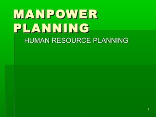 11
MANPOWERMANPOWER
PLANNINGPLANNING
HUMAN RESOURCE PLANNINGHUMAN RESOURCE PLANNING
 