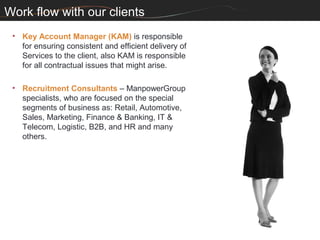 Work flow with our clients
 • Key Account Manager (KAM) is responsible
   for ensuring consistent and efficient delivery of
   Services to the client, also KAM is responsible
   for all contractual issues that might arise.

 • Recruitment Consultants – ManpowerGroup
   specialists, who are focused on the special
   segments of business as: Retail, Automotive,
   Sales, Marketing, Finance & Banking, IT &
   Telecom, Logistic, B2B, and HR and many
   others.
 