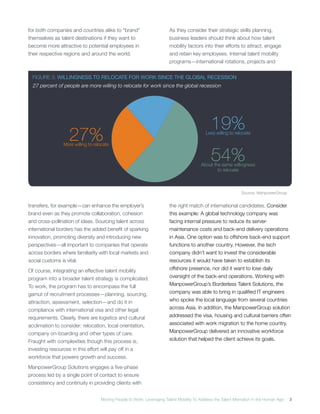 for both companies and countries alike to “brand”                      As they consider their strategic skills planning,
themselves as talent destinations if they want to                      business leaders should think about how talent
become more attractive to potential employees in                       mobility factors into their efforts to attract, engage
their respective regions and around the world.                         and retain key employees. Internal talent mobility
                                                                       programs—international rotations, projects and


  FIGURE 3. WILLINGNESS TO RELOCATE FOR WORK SINCE THE GLOBAL RECESSION
  27 percent of people are more willing to relocate for work since the global recession




                                                                                             19%
                   27%
                More willing to relocate
                                                                                          Less willing to relocate




                                                                                             54%
                                                                                        About the same willingness
                                                                                                to relocate



                                                                                                             Source: ManpowerGroup


transfers, for example—can enhance the employer’s                      the right match of international candidates. Consider
brand even as they promote collaboration, cohesion                     this example: A global technology company was
and cross-pollination of ideas. Sourcing talent across                 facing internal pressure to reduce its server-
international borders has the added benefit of sparking                maintenance costs and back-end delivery operations
innovation, promoting diversity and introducing new                    in Asia. One option was to offshore back-end support
perspectives—all important to companies that operate                   functions to another country. However, the tech
across borders where familiarity with local markets and                company didn’t want to invest the considerable
social customs is vital.                                               resources it would have taken to establish its
Of course, integrating an effective talent mobility                    offshore presence, nor did it want to lose daily
program into a broader talent strategy is complicated.                 oversight of the back-end operations. Working with
To work, the program has to encompass the full                         ManpowerGroup’s Borderless Talent Solutions, the
gamut of recruitment processes—planning, sourcing,                     company was able to bring in qualified IT engineers
attraction, assessment, selection—and do it in                         who spoke the local language from several countries
compliance with international visa and other legal                     across Asia. In addition, the ManpowerGroup solution
requirements. Clearly, there are logistics and cultural                addressed the visa, housing and cultural barriers often
acclimation to consider: relocation, local orientation,                associated with work migration to the home country.
company on-boarding and other types of care.                           ManpowerGroup delivered an innovative workforce
Fraught with complexities though this process is,                      solution that helped the client achieve its goals.
investing resources in this effort will pay off in a
workforce that powers growth and success.
ManpowerGroup Solutions engages a five-phase
process led by a single point of contact to ensure
consistency and continuity in providing clients with


                                   Moving People to Work: Leveraging Talent Mobility To Address the Talent Mismatch in the Human Age   3
 