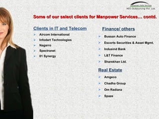 Clients in IT and Telecom Aircom International Infodart Technologies Nagarro Spectranet 01 Synergy Some of our select clients for Manpower Services… contd. Bussan Auto Finance Escorts Securities & Asset Mgmt. Indusind Bank L&T Finance Sharekhan Ltd. Real Estate Amgeco Chadha Group Om Radianz Spaze Finance/ others 