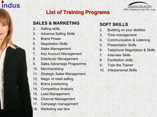 SALES & MARKETING Selling skills  Advance Selling Skills Brand Power  Negotiation Skills Sales Management  Key Account Management  Distributor Management Sales Advantage Programme Merchandising  Strategic Sales Management Magic of retail selling  Brand positioning  Competitive Analysis  Lead Management  Channel Management  Campaign management  Marketing war fare SOFT SKILLS  Building on your abilities  Time management  Communication & Listening  Presentation Skills Telephone Negotiation & Skills Interview Skills Facilitation skills  Train the Trainer  Interpersonal Skills List of Training Programs indus 