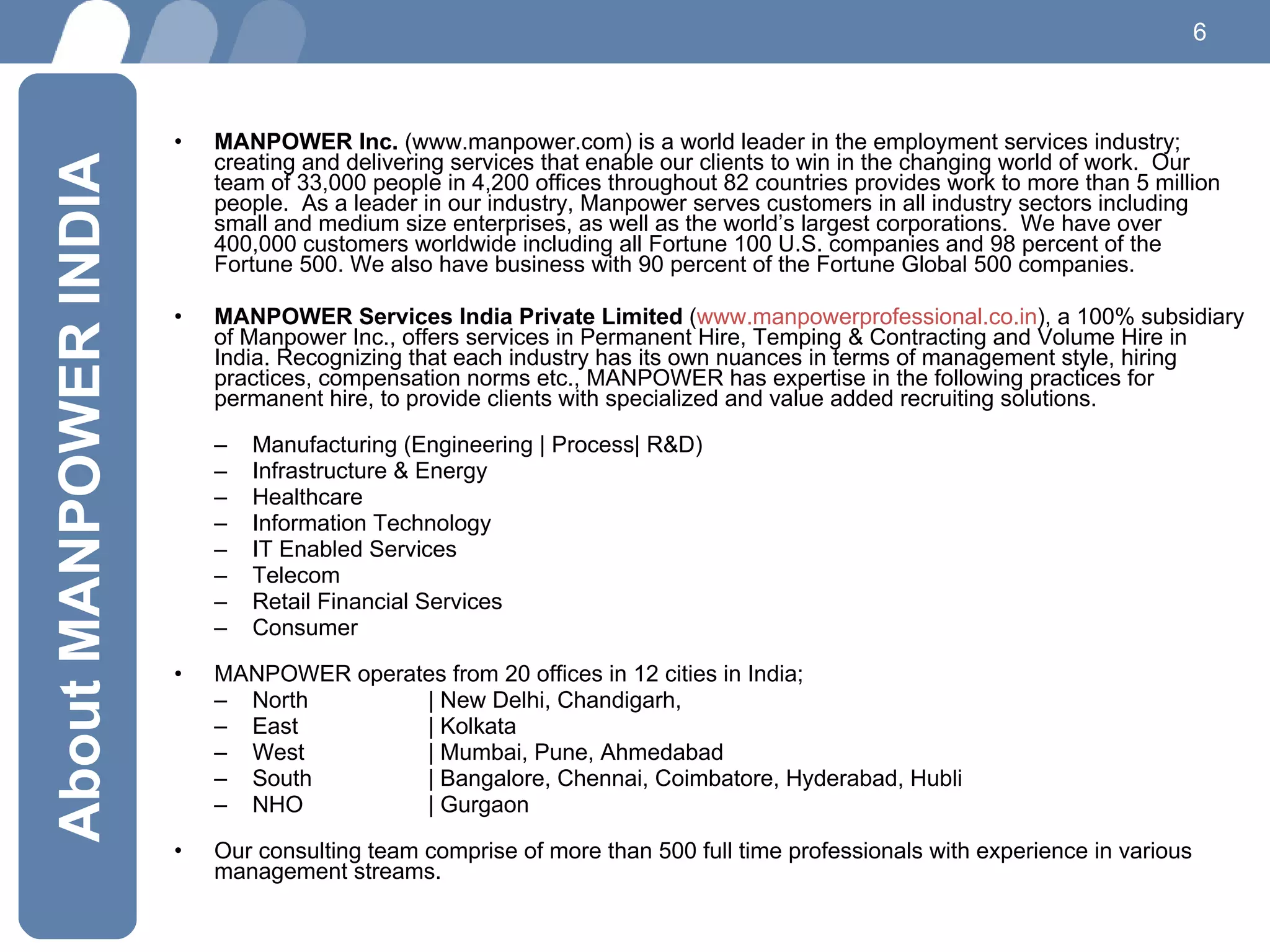 MANPOWER Inc.  (www.manpower.com) is a world leader in the employment services industry; creating and delivering services that enable our clients to win in the changing world of work.  Our team of 33,000 people in 4,200 offices throughout 82 countries provides work to more than 5 million people.  As a leader in our industry, Manpower serves customers in all industry sectors including small and medium size enterprises, as well as the world’s largest corporations.  We have over 400,000 customers worldwide including all Fortune 100 U.S. companies and 98 percent of the Fortune 500. We also have business with 90 percent of the Fortune Global 500 companies. MANPOWER Services India Private Limited  ( www.manpowerprofessional.co.in ), a 100% subsidiary of Manpower Inc., offers services in Permanent Hire, Temping & Contracting and Volume Hire in India. Recognizing that each industry has its own nuances in terms of management style, hiring practices, compensation norms etc., MANPOWER has expertise in the following practices for permanent hire, to provide clients with specialized and value added recruiting solutions. Manufacturing (Engineering | Process| R&D)  Infrastructure & Energy Healthcare Information Technology IT Enabled Services Telecom Retail Financial Services Consumer MANPOWER operates from 20 offices in 12 cities in India;  North  | New Delhi, Chandigarh,  East  | Kolkata West  | Mumbai, Pune, Ahmedabad South  | Bangalore, Chennai, Coimbatore, Hyderabad, Hubli NHO | Gurgaon  Our consulting team comprise of more than 500 full time professionals with experience in various management streams.  About MANPOWER INDIA 