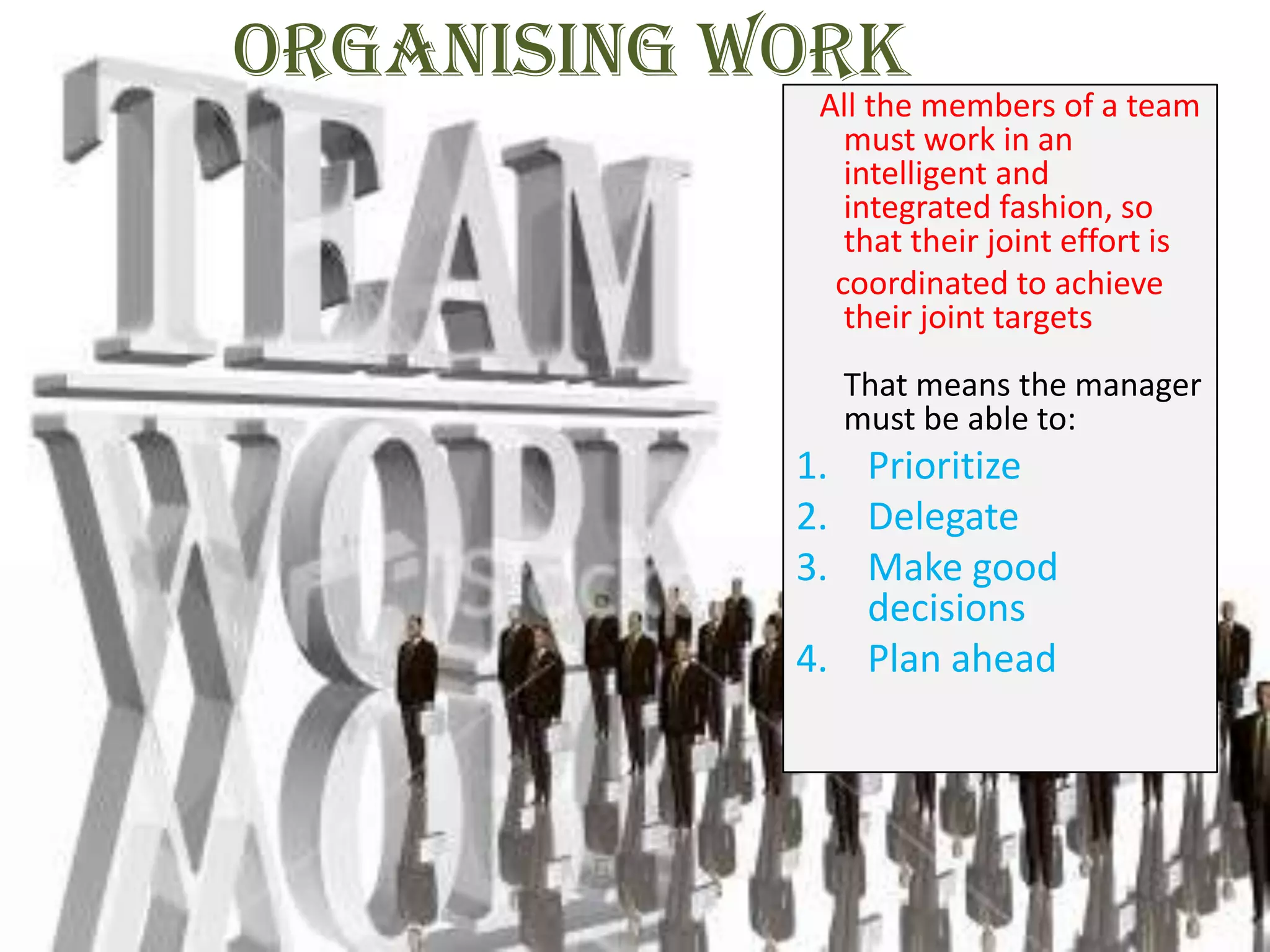 Organising Work

All the members of a team
must work in an
intelligent and
integrated fashion, so
that their joint effort is
coordinated to achieve
their joint targets
That means the manager
must be able to:

1. Prioritize
2. Delegate
3. Make good
decisions
4. Plan ahead

 