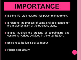 5 ESSENTIAL ELEMENTS.Analysing the current manpower resource.Reviewing employee utilization.Forecasting the demand for employees. Forecasting supply.Developing a manpower plan.