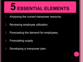 ADVANTAGESManpower planning ensures optimum use of available human resources.  It is useful both for organization and nation.  It generates facilities to educate people in the organization. It brings about fast economic developments. It boosts the geographical mobility of labor. 