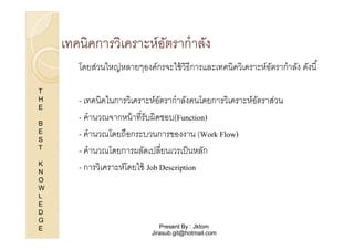 เทคนิคการวิเคราะห์อตรากําลัง
ั
โดยส่วนใหญ่หลายๆองค์กรจะใช้ วิธีการและเทคนิควิเคราะห์อตรากําลัง ดังนี %
ั
T
H
E
B
E
S
T
K
N
O
W
L
E
D
G
E

- เทคนิคในการวิเคราะห์อตรากําลังคนโดยการวิเคราะห์อตราส่วน
ั
ั
- คํานวณจากหน้ าทีรับผิดชอบ(Function)
- คํานวณโดยถือกระบวนการของงาน (Work Flow)
- คํานวณโดยการผลัดเปลียนเวรเป็ นหลัก
- การวิเคราะห์โดยใช้ Job Description

Present By : Jktom
Jirasub.git@hotmail.com

 