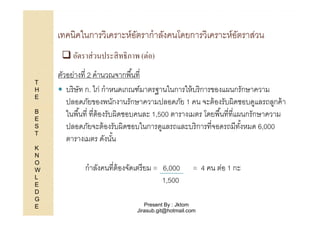 เทคนิคในการวิเคราะห์อตรากําลังคนโดยการวิเคราะห์อตราส่วน
ั
ั
อัตราส่ วนประสิ ทธิ ภาพ (ต่อ)
T
H
E
B
E
S
T
K
N
O
W
L
E
D
G
E

ตัวอย่างที 2 คํานวณจากพื 1นที
บริ ษัท ก. ไก่ กําหนดเกณฑ์มาตรฐานในการให้ บริการของแผนกรักษาความ
ปลอดภัยของพนักงานรักษาความปลอดภัย 1 คน จะต้ องรับผิดชอบดูแลรถลูกค้ า
ในพื 1นที ทีต้ องรับผิดชอบคนละ 1,500 ตารางเมตร โดยพื 1นทีทีแผนกรักษาความ
ปลอดภัยจะต้ องรับผิดชอบในการดูแลรถและบริ การทีจอดรถมีทงหมด 6,000
ั1
ตารางเมตร ดังนัน
1
กําลังคนทีต้ องจัดเตรี ยม = 6,000
1,500

= 4 คน ต่อ 1 กะ

Present By : Jktom
Jirasub.git@hotmail.com

 