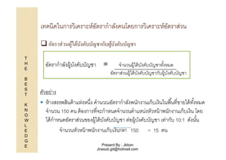 เทคนิคในการวิเคราะห์อตรากําลังคนโดยการวิเคราะห์อตราส่วน
ั
ั
อัตราส่ วนผูใต้บงคับบัญชากับผูบงคับบัญชา
้ ั
้ ั
T
H
E
B
E
S
T
K
N
O
W
L
E
D
G
E

อัตรากําลังผู้บงคับบัญชา =
ั

จํานวนผู้ใต้ บงคับบัญชาทังหมด
ั
%
อัตราส่วนผู้ใต้ บงคับบัญชากับผู้บงคับบัญชา
ั
ั

ตัวอย่าง
ห้ างสรรพสินค้ าแห่งหนึง คํานวณอัตรากําลังพนักงานเก็บเงินในพื 1นทีขายได้ ทงหมด
ั1
จํานวน 150 คน ต้ องการทีจะกําหนดจํานวนตําแหน่งหัวหน้ าพนักงานเก็บเงิน โดย
ได้ กําหนดอัตราส่วนของผู้ใต้ บงคับบัญชา ต่อผู้บงคับบัญชา เท่ากับ 10:1 ดังนัน
ั
ั
1
จํานวนหัวหน้ าพนักงานเก็บเงิน10/1 150 = 15 คน
=
Present By : Jktom
Jirasub.git@hotmail.com

 