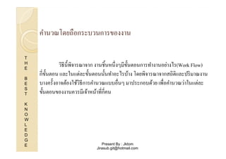 คํานวณโดยถือกระบวนการของงาน
T
H
E
B
E
S
T
K
N
O
W
L
E
D
G
E

วิธีน. ีพิจารณาจาก งานชิ.นหนึ งๆมีข. นตอนการทํางานอย่างไร(Work Flow)
ั
กีขั.นตอน และในแต่ละขั.นตอนนั.นทําอะไรบ้าง โดยพิจารณาจากสถิติและปริ มาณงาน
บางครั.งอาจต้องใช้วธีการคํานวณแบบอืนๆ มาประกอบด้วย เพือคํานวณว่าในแต่ละ
ิ
ขั.นตอนของงานควรมีเจ้าหน้าทีกีคน

Present By : Jktom
Jirasub.git@hotmail.com

 