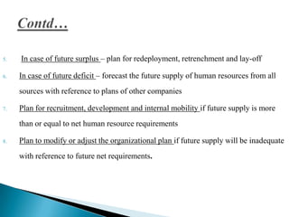 5.
6.

In case of future surplus – plan for redeployment, retrenchment and lay-off

In case of future deficit – forecast the future supply of human resources from all
sources with reference to plans of other companies

7.

Plan for recruitment, development and internal mobility if future supply is more

than or equal to net human resource requirements
8.

Plan to modify or adjust the organizational plan if future supply will be inadequate
with reference to future net requirements.

 