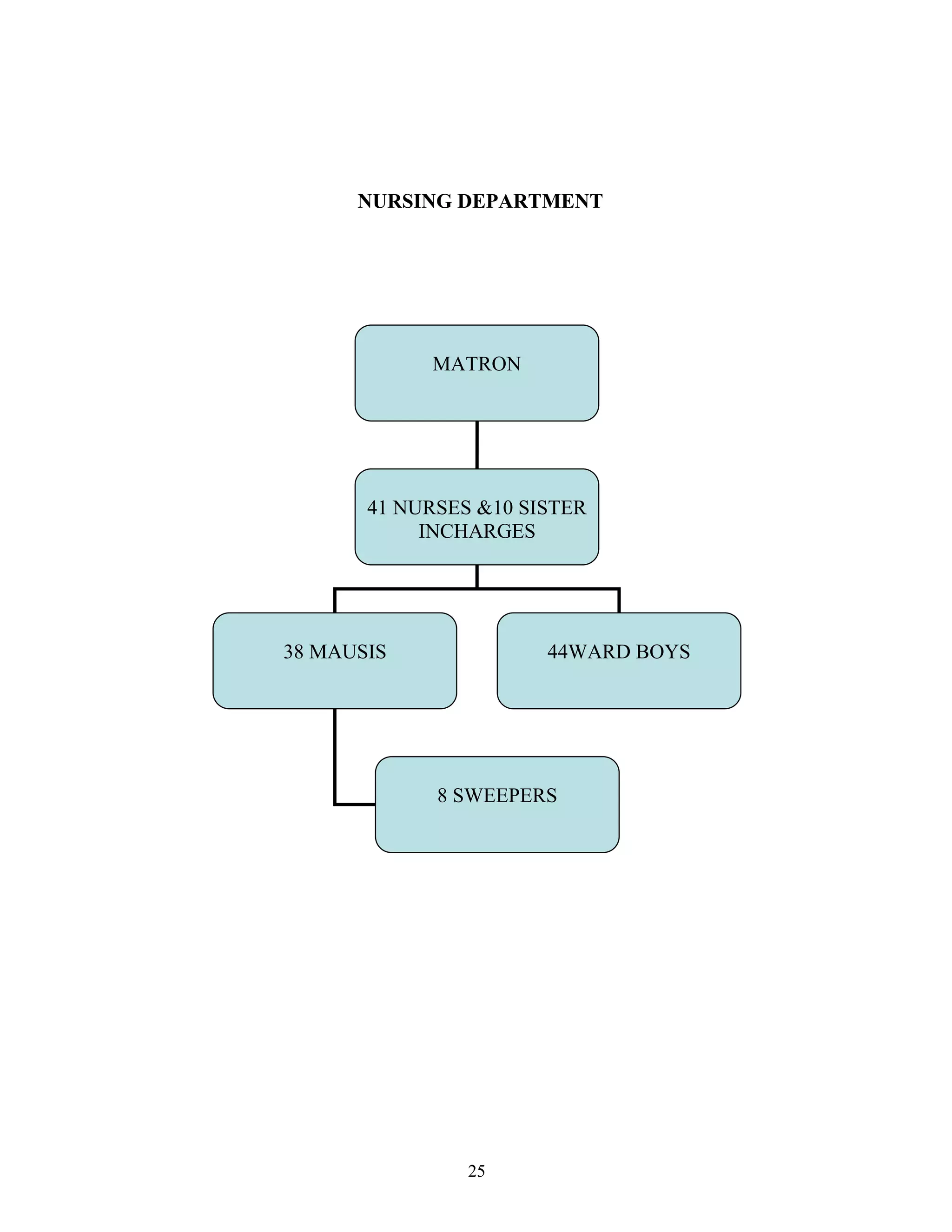 25
NURSING DEPARTMENT
MATRON
41 NURSES &10 SISTER
INCHARGES
38 MAUSIS 44WARD BOYS
8 SWEEPERS
 