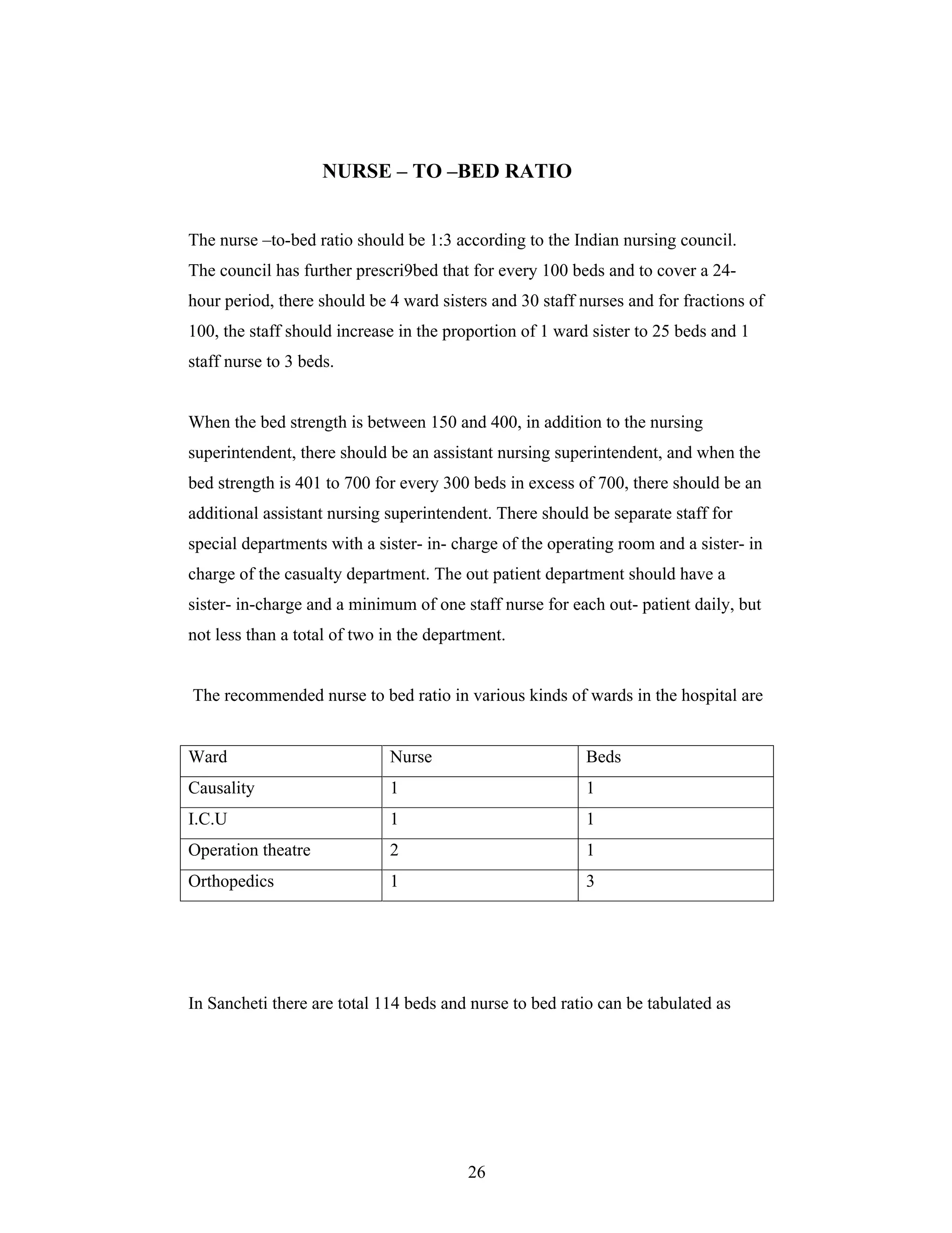 26
NURSE TO BED RATIO
The nurse to-bed ratio should be 1:3 according to the Indian nursing council.
The council has further prescri9bed that for every 100 beds and to cover a 24-
hour period, there should be 4 ward sisters and 30 staff nurses and for fractions of
100, the staff should increase in the proportion of 1 ward sister to 25 beds and 1
staff nurse to 3 beds.
When the bed strength is between 150 and 400, in addition to the nursing
superintendent, there should be an assistant nursing superintendent, and when the
bed strength is 401 to 700 for every 300 beds in excess of 700, there should be an
additional assistant nursing superintendent. There should be separate staff for
special departments with a sister- in- charge of the operating room and a sister- in
charge of the casualty department. The out patient department should have a
sister- in-charge and a minimum of one staff nurse for each out- patient daily, but
not less than a total of two in the department.
The recommended nurse to bed ratio in various kinds of wards in the hospital are
Ward Nurse Beds
Causality 1 1
I.C.U 1 1
Operation theatre 2 1
Orthopedics 1 3
In Sancheti there are total 114 beds and nurse to bed ratio can be tabulated as
 
