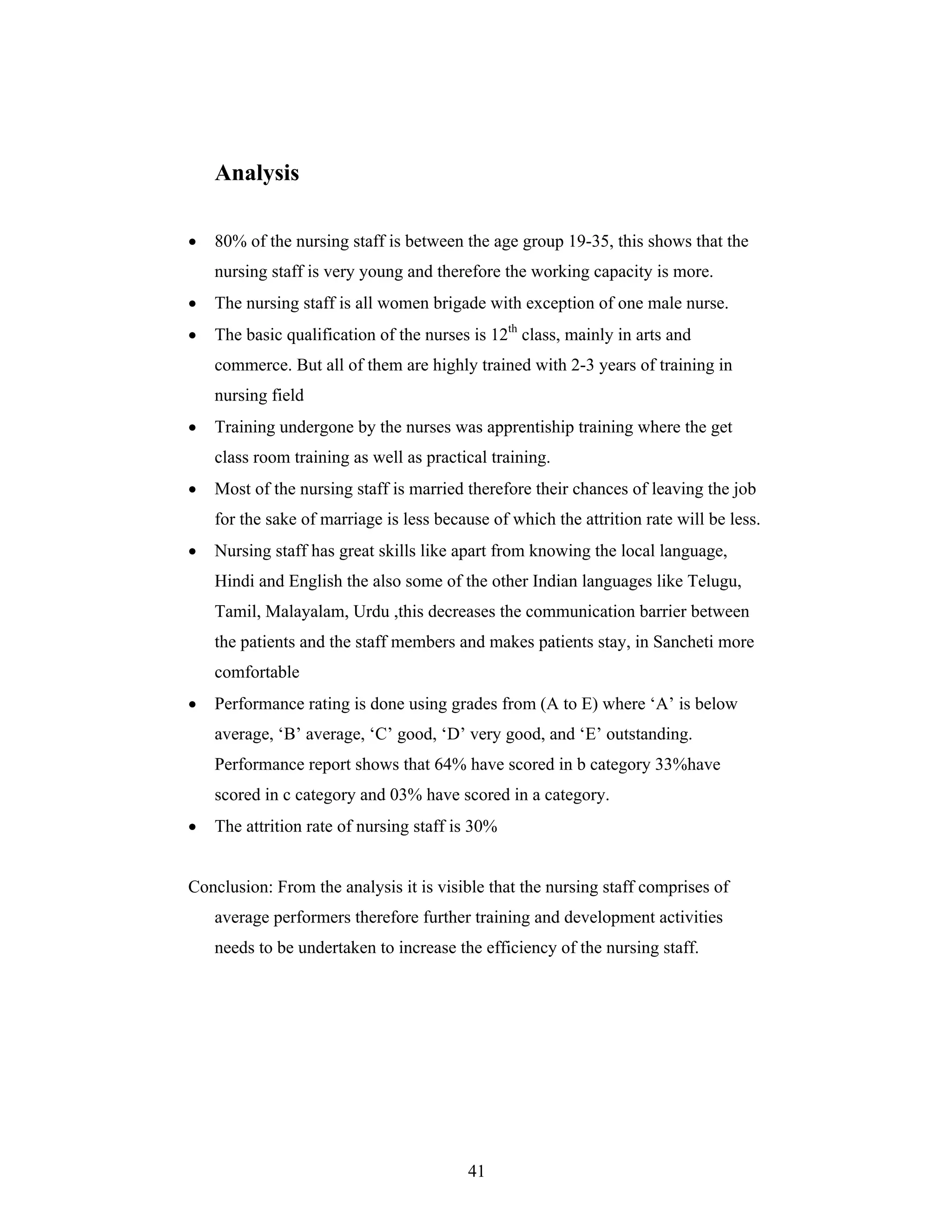 41
Analysis
80% of the nursing staff is between the age group 19-35, this shows that the
nursing staff is very young and therefore the working capacity is more.
The nursing staff is all women brigade with exception of one male nurse.
The basic qualification of the nurses is 12th
class, mainly in arts and
commerce. But all of them are highly trained with 2-3 years of training in
nursing field
Training undergone by the nurses was apprentiship training where the get
class room training as well as practical training.
Most of the nursing staff is married therefore their chances of leaving the job
for the sake of marriage is less because of which the attrition rate will be less.
Nursing staff has great skills like apart from knowing the local language,
Hindi and English the also some of the other Indian languages like Telugu,
Tamil, Malayalam, Urdu ,this decreases the communication barrier between
the patients and the staff members and makes patients stay, in Sancheti more
comfortable
Performance rating is done using grades from (A to E) where A is below
average, B average, C good, D very good, and E outstanding.
Performance report shows that 64% have scored in b category 33%have
scored in c category and 03% have scored in a category.
The attrition rate of nursing staff is 30%
Conclusion: From the analysis it is visible that the nursing staff comprises of
average performers therefore further training and development activities
needs to be undertaken to increase the efficiency of the nursing staff.
 
