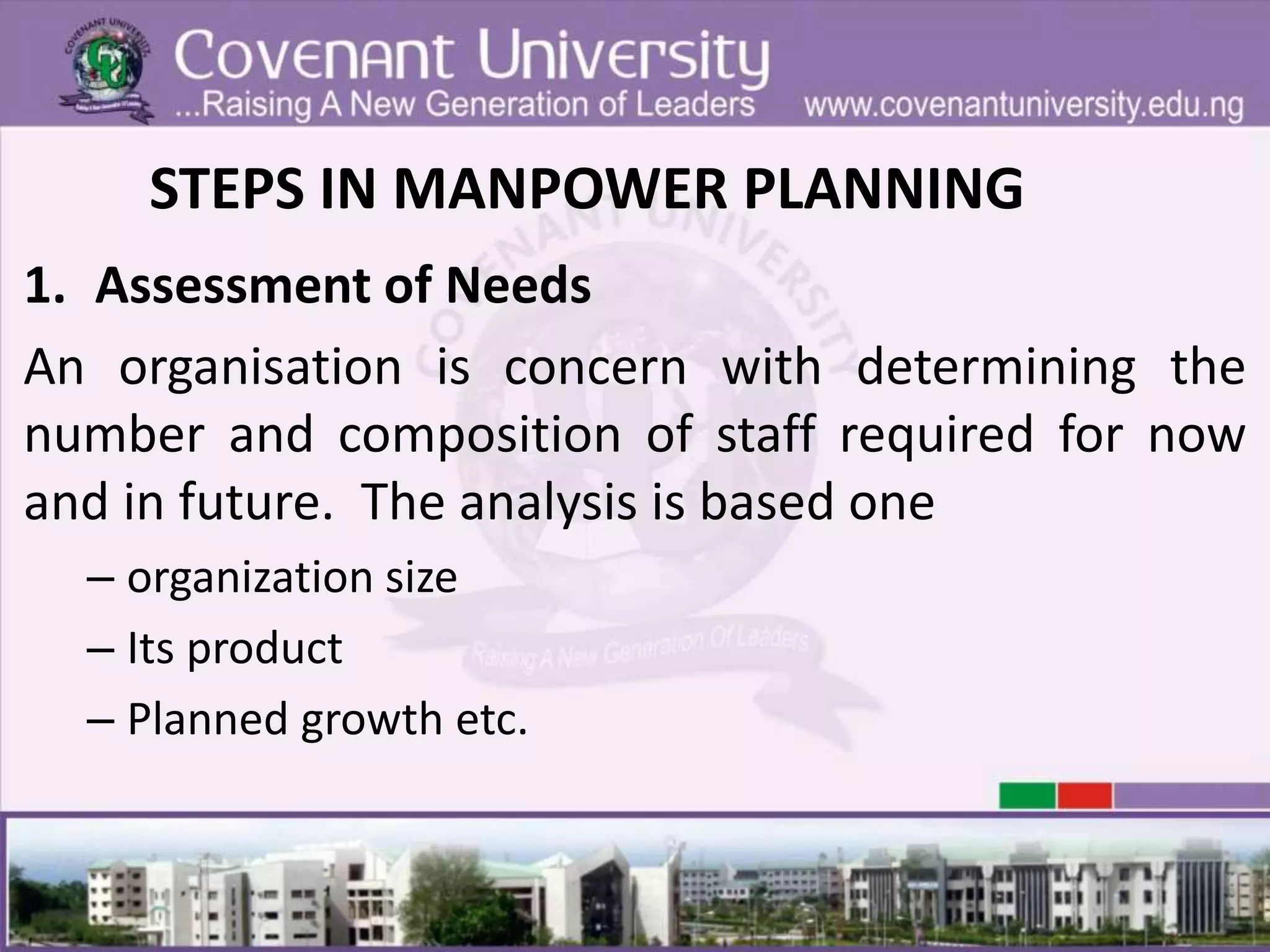 STEPS IN MANPOWER PLANNING
1. Assessment of Needs
An organisation is concern with determining the
number and composition of staff required for now
and in future. The analysis is based one
– organization size
– Its product
– Planned growth etc.
 