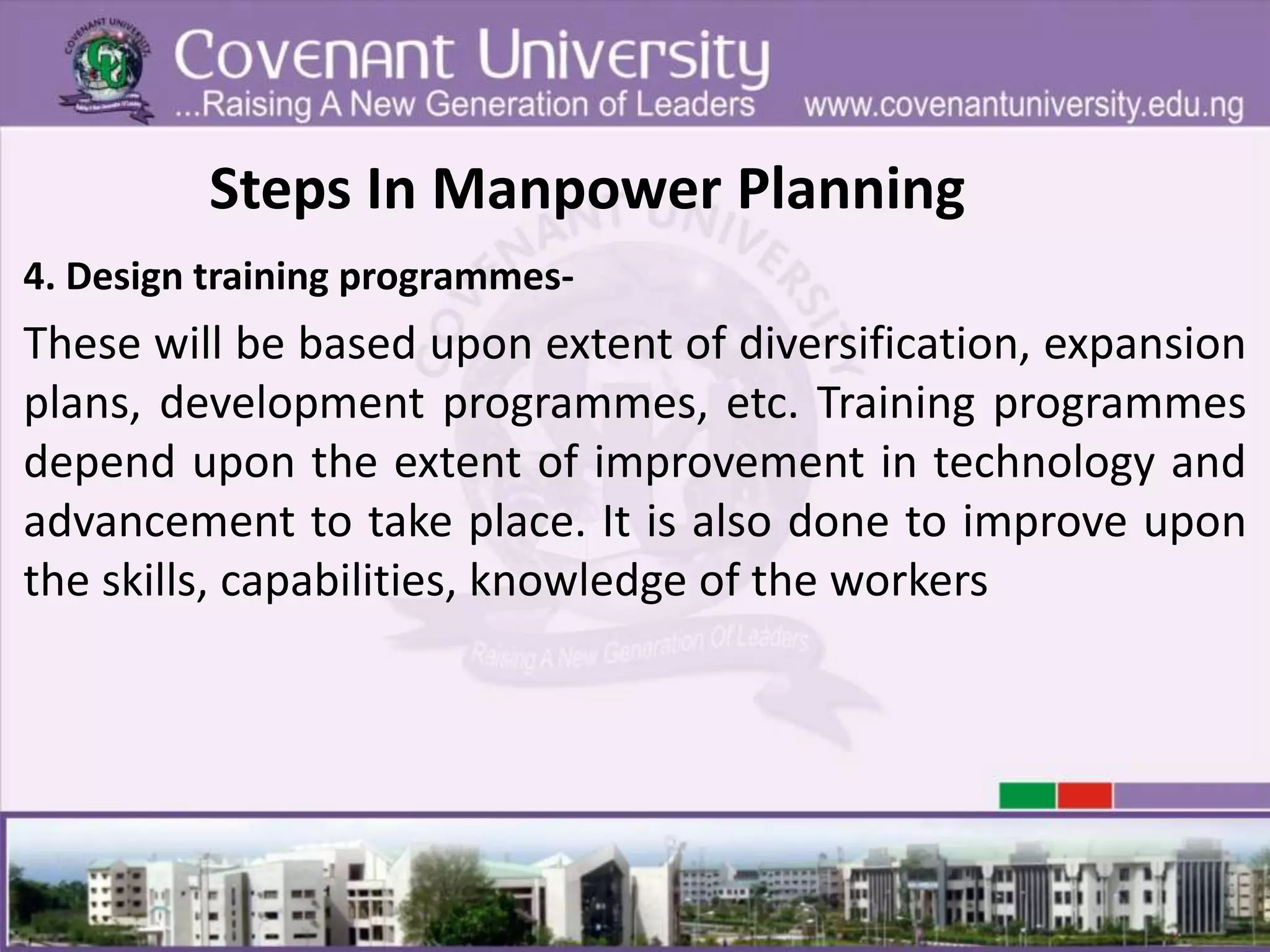 Steps In Manpower Planning
4. Design training programmes-
These will be based upon extent of diversification, expansion
plans, development programmes, etc. Training programmes
depend upon the extent of improvement in technology and
advancement to take place. It is also done to improve upon
the skills, capabilities, knowledge of the workers
 