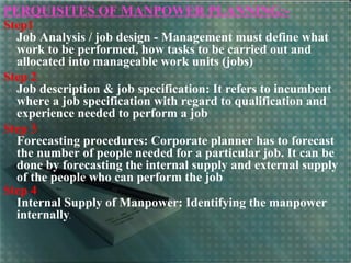 PERQUISITES OF MANPOWER PLANNING:-
Step1
Job Analysis / job design - Management must define what
work to be performed, how tasks to be carried out and
allocated into manageable work units (jobs)
Step 2
Job description & job specification: It refers to incumbent
where a job specification with regard to qualification and
experience needed to perform a job
Step 3
Forecasting procedures: Corporate planner has to forecast
the number of people needed for a particular job. It can be
done by forecasting the internal supply and external supply
of the people who can perform the job
Step 4
Internal Supply of Manpower: Identifying the manpower
internally.
 