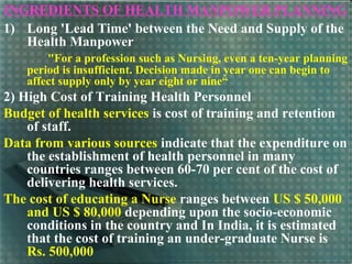 INGREDIENTS OF HEALTH MANPOWER PLANNING
1) Long 'Lead Time' between the Need and Supply of the
Health Manpower
"For a profession such as Nursing, even a ten-year planning
period is insufficient. Decision made in year one can begin to
affect supply only by year eight or nine“
2) High Cost of Training Health Personnel
Budget of health services is cost of training and retention
of staff.
Data from various sources indicate that the expenditure on
the establishment of health personnel in many
countries ranges between 60-70 per cent of the cost of
delivering health services.
The cost of educating a Nurse ranges between US $ 50,000
and US $ 80,000 depending upon the socio-economic
conditions in the country and In India, it is estimated
that the cost of training an under-graduate Nurse is
Rs. 500,000
 