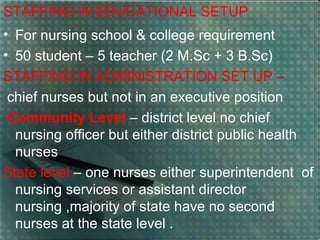 STAFFING IN EDUCATIONAL SETUP
• For nursing school & college requirement
• 50 student – 5 teacher (2 M.Sc + 3 B.Sc)
STAFFING IN ADMINISTRATION SET UP –
chief nurses but not in an executive position
Community Level – district level no chief
nursing officer but either district public health
nurses
State level – one nurses either superintendent of
nursing services or assistant director
nursing ,majority of state have no second
nurses at the state level .
 