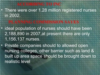 ACCORDING TO INC
• There were over 1.28 million registered nurses
in 2002.
PLANNING COMMISSION SAYES
• ideal population of nurses should have been
2,188,890 in 2007,at present there are only
1,156,137 nurses.
• Private companies should to allowed open
nursing colleges, other barrier such as land &
built up area space should be brought down to
realistic level
 