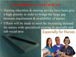ACCORDING TO NINTH PLAN
• Nursing education & nursing service have been give
a high priority in order to bridge the large gap
between requirement & availability of nurses
• Efforts will be made to meet the increasing demand
for nurses with specialized training in specialty and
sub social area
 