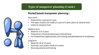 Types of manpower planning (Contd.)
Period based manpower planning :
Short term
• Prepared for a period of 1 year
• This types of plans are made as a part of 5 years plans at national level.
• Useful at company level.
Medium term
• Made for 2 to 5 years
• Prepared as a financial planning at national level
• For employment opportunities and training and development of employees.
Long term
• Made for 10 to 15 years.
• Estimates man power needs of a nation
• Rises educational and training
 