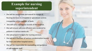 • She will be responsible and overall In-charge of
Nursing Services in a hospital or specialized centres
irrespective of the number of beds.
• She will carry out regular rounds of the hospital.
• She will ensure safe and efficient care rendered to
patients in various wards etc.
• She will prepare budgets for nursing services.
• She will be a member of various condemnation boards
for linen and other hospital stores.
• She will be responsible for counselling and guidance
of sub-ordinate staff.
Example for nursing
superintendent
 