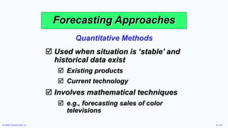 © 2006 Prentice Hall, Inc. 4 – 17
Forecasting Approaches
 Used when situation is ‘stable’ and
historical data exist
 Existing products
 Current technology
 Involves mathematical techniques
 e.g., forecasting sales of color
televisions
Quantitative Methods
 
