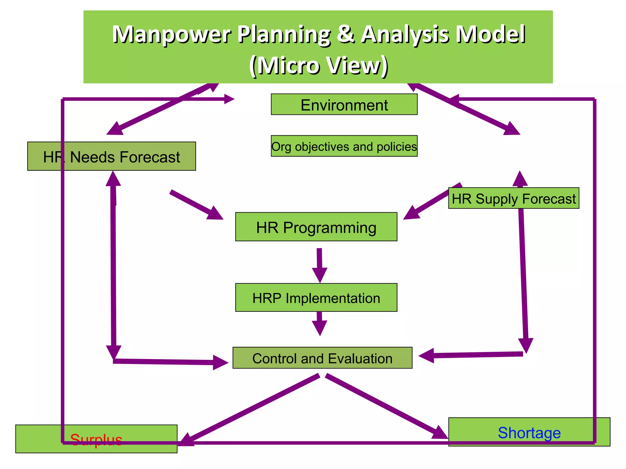 Manpower Planning & Analysis Model
                  (Micro View)
                           Environment

                      Org objectives and policies
HR Needs Forecast

                                                    HR Supply Forecast

                    HR Programming



                    HRP Implementation



                    Control and Evaluation




   Surplus                                                Shortage
 