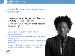 Hoe geven we leiding aan een divers en virtueel personeelsbestand? Hoe bouwen we ons personeelsbestand flexibeler op? Leiding geven aan een divers en virtueel personeelsbestand Flexibiliteit aan het personeelsbestand toevoegen: tijdelijk en vast Technologie inzetten voor efficiëntie, productiviteit en innovatie Sneller en flexibeler oplossingen voor de markt ontwikkelen, gedifferentieerder en wereldwijd Optimaal benutten van uw personeel Werkmodellen 