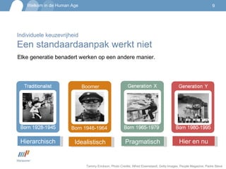 Individuele keuzevrijheid Een standaardaanpak werkt niet Elke generatie benadert werken op een andere manier. Tammy Erickson, Photo Credits; Alfred Eisenstaedt, Getty Images, People Magazine, Padre Steve Boomer Born 1946-1964 Pragmatisch Hier en nu Idealistisch Hierarchisch  