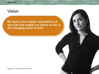 Vision We lead in the creation and delivery of services that enable our clients to win in the changing world of work 