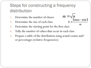 Steps for constructing a frequency
distribution
1. Determine the number of classes
2. Determine the size of each class
3. Determine the starting point for the first class
4. Tally the number of values that occur in each class
5. Prepare a table of the distribution using actual counts and/
or percentages (relative frequencies)
m n

 
max min
h
m


 