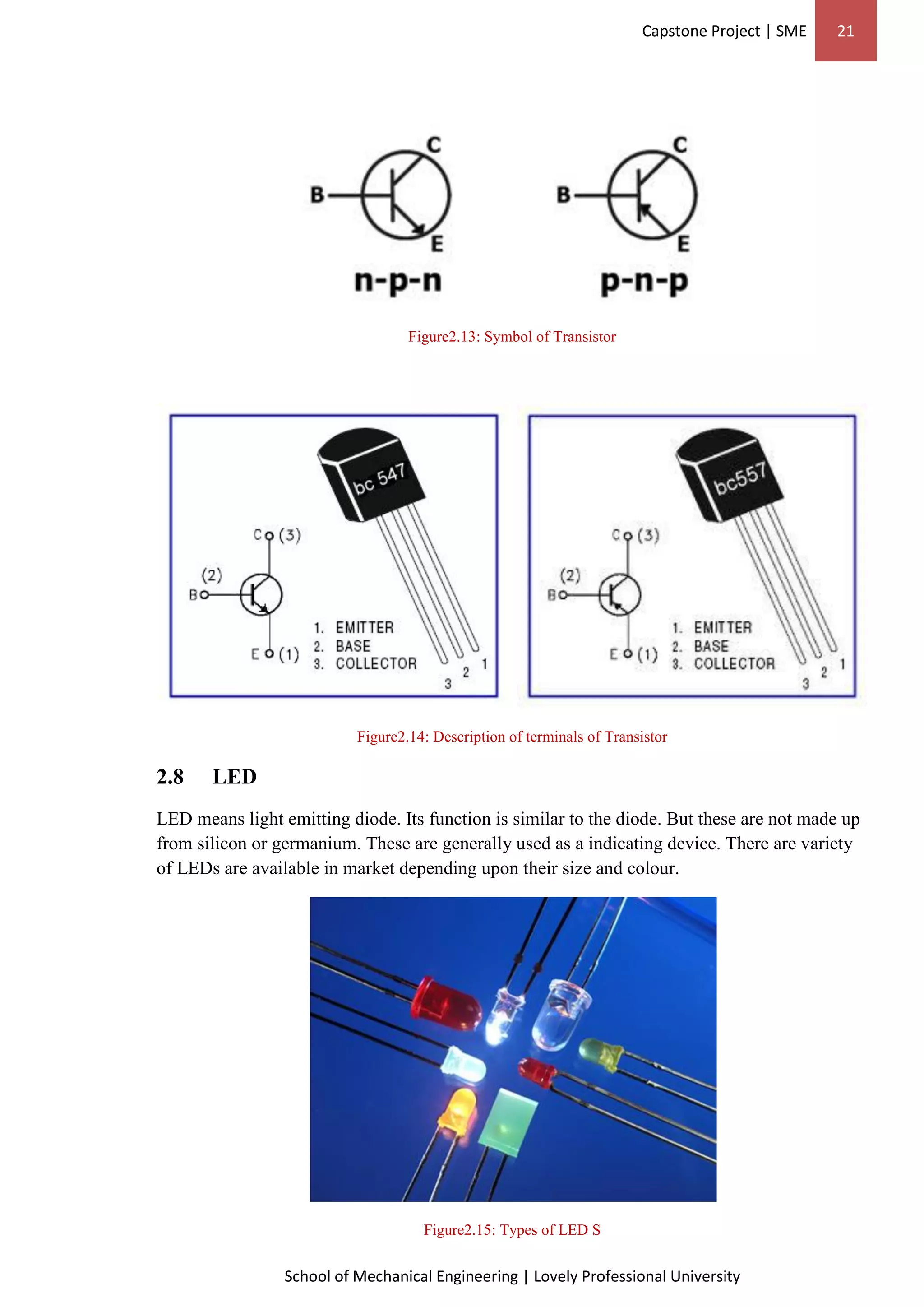 Capstone Project | SME 21
School of Mechanical Engineering | Lovely Professional University
Figure2.13: Symbol of Transistor
Figure2.14: Description of terminals of Transistor
2.8 LED
LED means light emitting diode. Its function is similar to the diode. But these are not made up
from silicon or germanium. These are generally used as a indicating device. There are variety
of LEDs are available in market depending upon their size and colour.
Figure2.15: Types of LED S
 