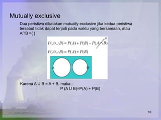 Mutually exclusive
   Dua peristiwa dikatakan mutually exclusive jika kedua peristiwa
   tersebut tidak dapat terjadi pada waktu yang bersamaan, atau
   A∩B ={ }




   Karena A U B = A + B, maka :
                         P (A U B)=P(A) + P(B)




                                                                     10
 