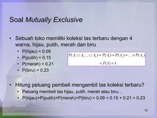 Soal Mutually Exclusive

• Sebuah toko memiliki koleksi tas terbaru dengan 4
  warna, hijau, putih, merah dan biru
   •   P(hijau) = 0.09
   •   P(putih) = 0.15
   •   P(merah) = 0.21
   •   P(biru) = 0.23


• Hitung peluang pembeli mengambil tas koleksi terbaru?
   • Peluang membeli tas hijau, putih, merah atau biru…
   • P(hijau)+P(putih)+P(merah)+P(biru) = 0.09 + 0.15 + 0.21 + 0.23

                                                                  12
 