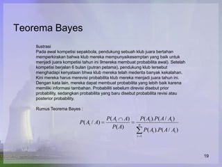 Teorema Bayes
    Ilustrasi
    Pada awal kompetisi sepakbola, pendukung sebuah klub juara bertahan
    memperkirakan bahwa klub mereka mempunyaikesemptan yang baik untuk
    menjadi juara kompetisi tahun ini 9mereka membuat probabilita awal). Setelah
    kompetisi berjalan 6 bulan (putran petama), pendukung klub tersebut
    menghadapi kenyataan bhwa klub mereka telah mederita banyak kekalahan.
    Kini mereka harus merevisi probabilita klub mereka menjadi juara tahun ini.
    Dengan kata lain, mereka dapat membuat probabilita yang lebih baik karena
    memiliki informasi tambahan. Probabiliti sebelum direvisi disebut prior
    probability, sedangkan probabilita yang baru disebut probabilita revisi atau
    posterior probability.

    Rumus Teorema Bayes :

                                       P( A1 A)         P( A1 ). P( A / A1 )
                          P( A1 / A)                    n
                                         P( A)
                                                             P( A1 ). P( A / A1 )
                                                       i 1




                                                                                    19
 