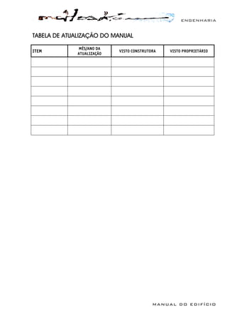 ENGENHARIA
MANUAL DO EDIFÍCIO
TABELA DE ATUALIZAÇÃO DO MANUAL
ITEM
MÊS/ANO DA
ATUALIZAÇÃO
VISTO CONSTRUTORA VISTO PROPRIETÁRIO
 