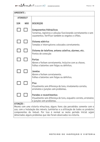 ENGENHARIA Página 19
ROTEIRO DE INSPEÇÃO E VISTORIA
AMBIENTE :
ATENDEU?
SIM NÃO DESCRIÇÃO
Componentes hidráulicos
Torneiras, registros e válvulas funcionando corretamente e sem
vazamentos. Verificar também os engates e sifões.
Sistema elétrico
Tomadas e interruptores colocados corretamente.
Sistema de telefone, antena coletiva, alarmes, etc.
Pontos de conecção
Portas
Abrem e fecham corretamente, inclusive com as chaves.
Folhas e batentes sem folgas ou defeitos.
Janelas
Abrem e fecham corretamente.
Folhas e batentes sem folgas ou defeitos.
Piso
Visualmente sem diferença de tons, nivelamento correto,
arremates e junções sem problemas.
Paredes e revestimentos
Visualmente sem diferença de tons, esquadro correto, arremates
e junções sem problemas.
ATENÇÃO :
Mesmo com uma vistoria minuciosa, alguns itens são percebidos somente com o
uso, com a instalação dos móveis, luminárias e a utilização de todos os produtos
componentes do imóvel. Por isso é normal se neste período inicial sejam
detectados alguns problemas que não foram observados na vistoria.
 